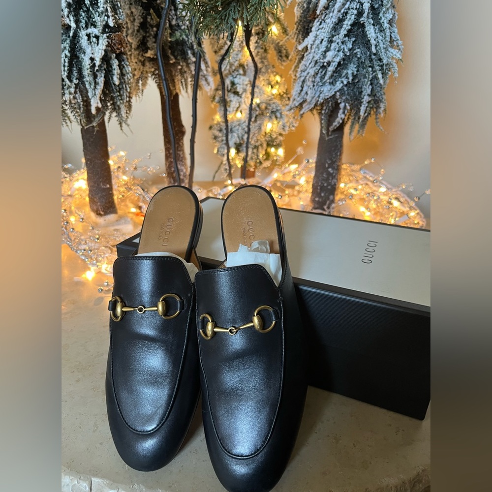 Gucci Women's Princetown Leather Slipper Mules Nero, sz 37